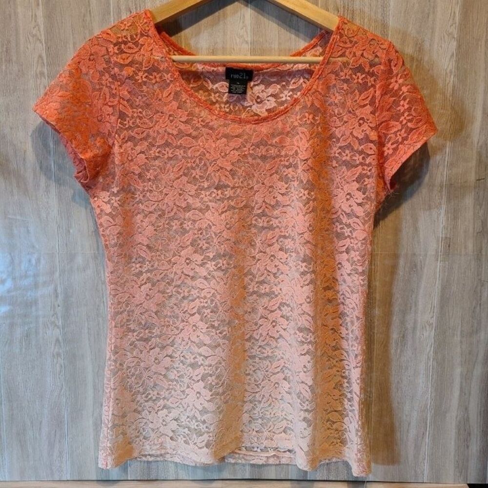 Rue21 Womens XL Lace Top Short Sleeve Ombre Orange Peach Crew Neck Casual Sheer